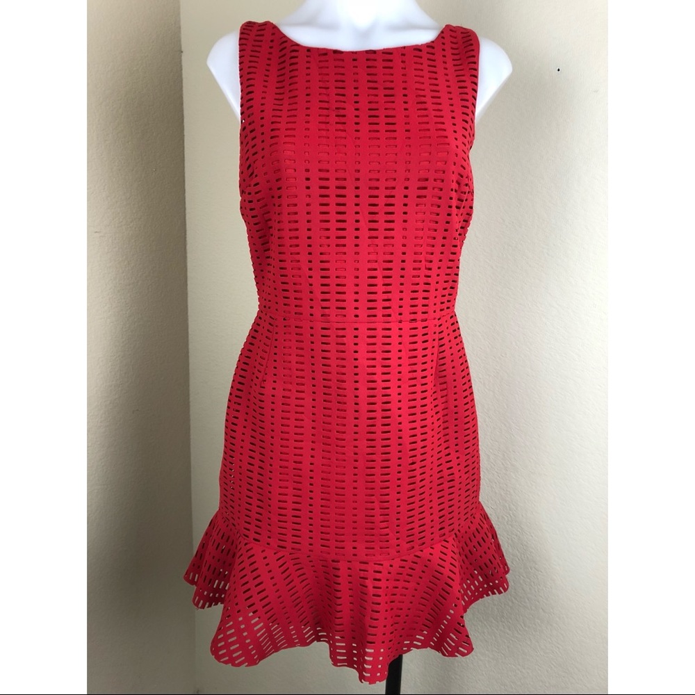 Sandro Paris Eyelet Red Flare Dress Lined Sleevele